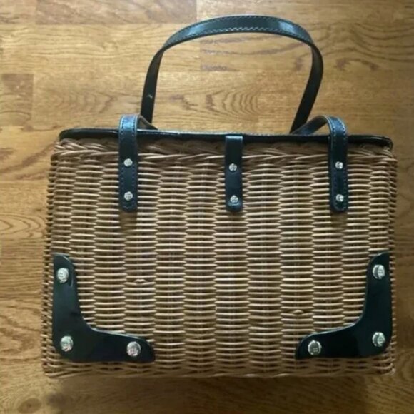 Kate Spade New York Handbag Wicker Basket Black Patent Leather Purse Tote Picnic - Picture 3 of 5